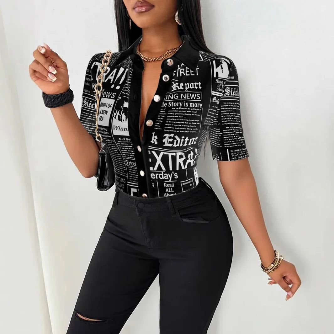 Shirt Top Women Letter Print Blouse Turn Down Collar Single Breasted Short Sleeves Tops 2025 Summer Office Lady Overshirt
