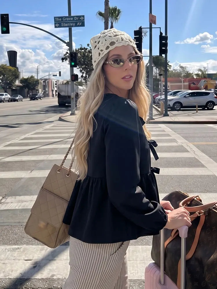 HH Shirts For Women Elegant Front Bow Tie Solid Blouse Puff Sleeve Spring Summer Casual Beach Vacation Streetwear Party Top