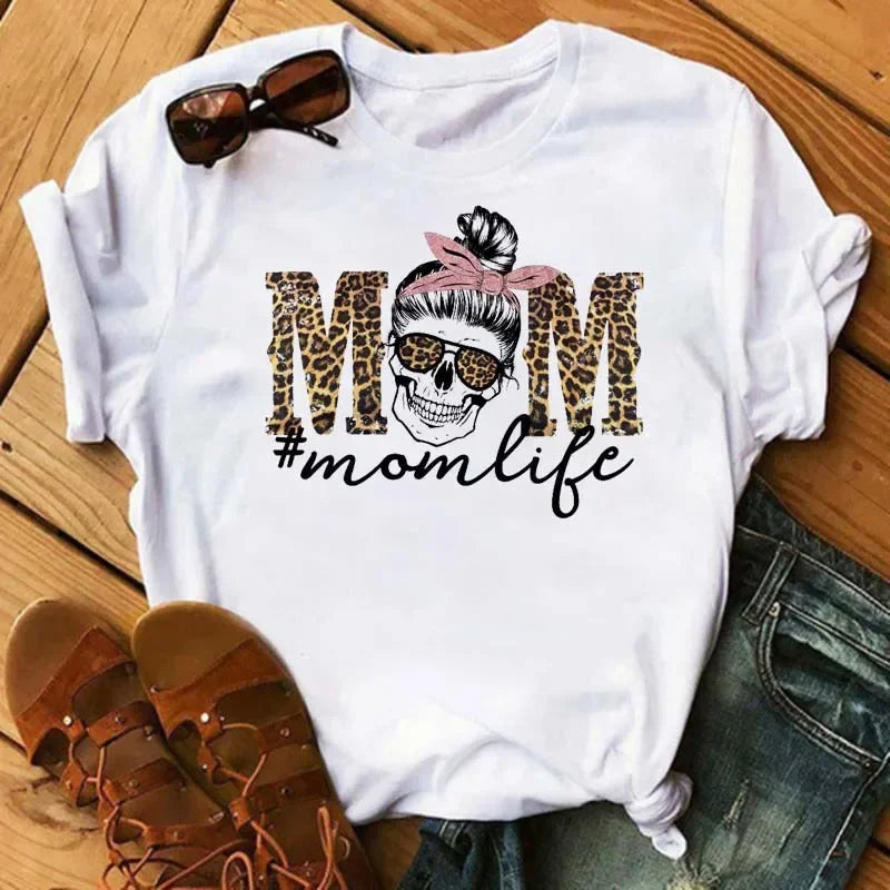 Fashion Leopard Skull Printed Women T-shirt Summer Loose Black Female T-shirt Casual Round Neck Harajuku Tops Woman Clothes
