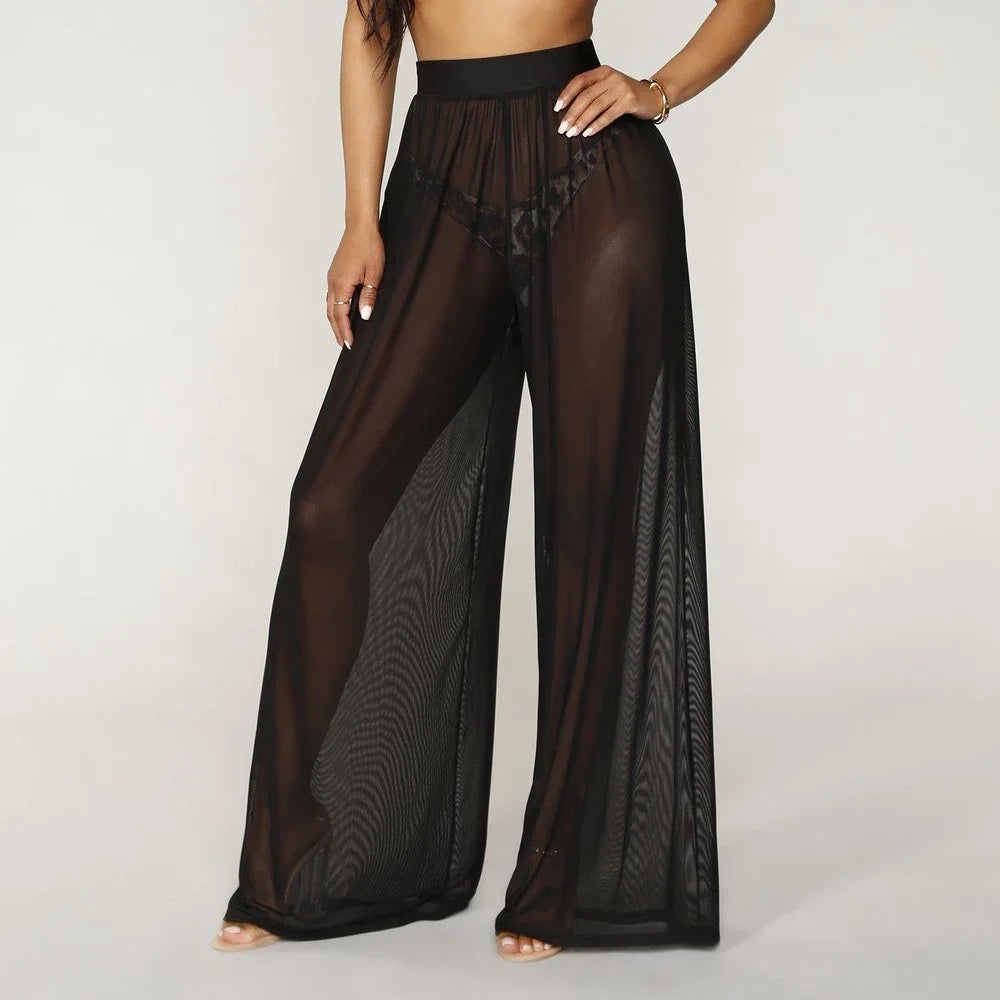 See Through Boho Wide Leg High Waist Trousers Beach Long Loose Mesh Sheer Pants