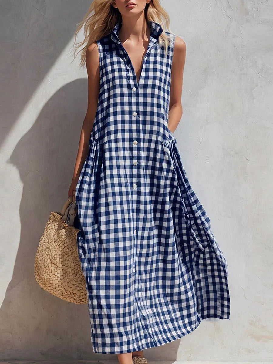 Plaid Sleeveless Vichy Single-breasted Fashion Resort Style Seaside Loose Long Skirt Dresses Ropa Mujer Roupas Feminina