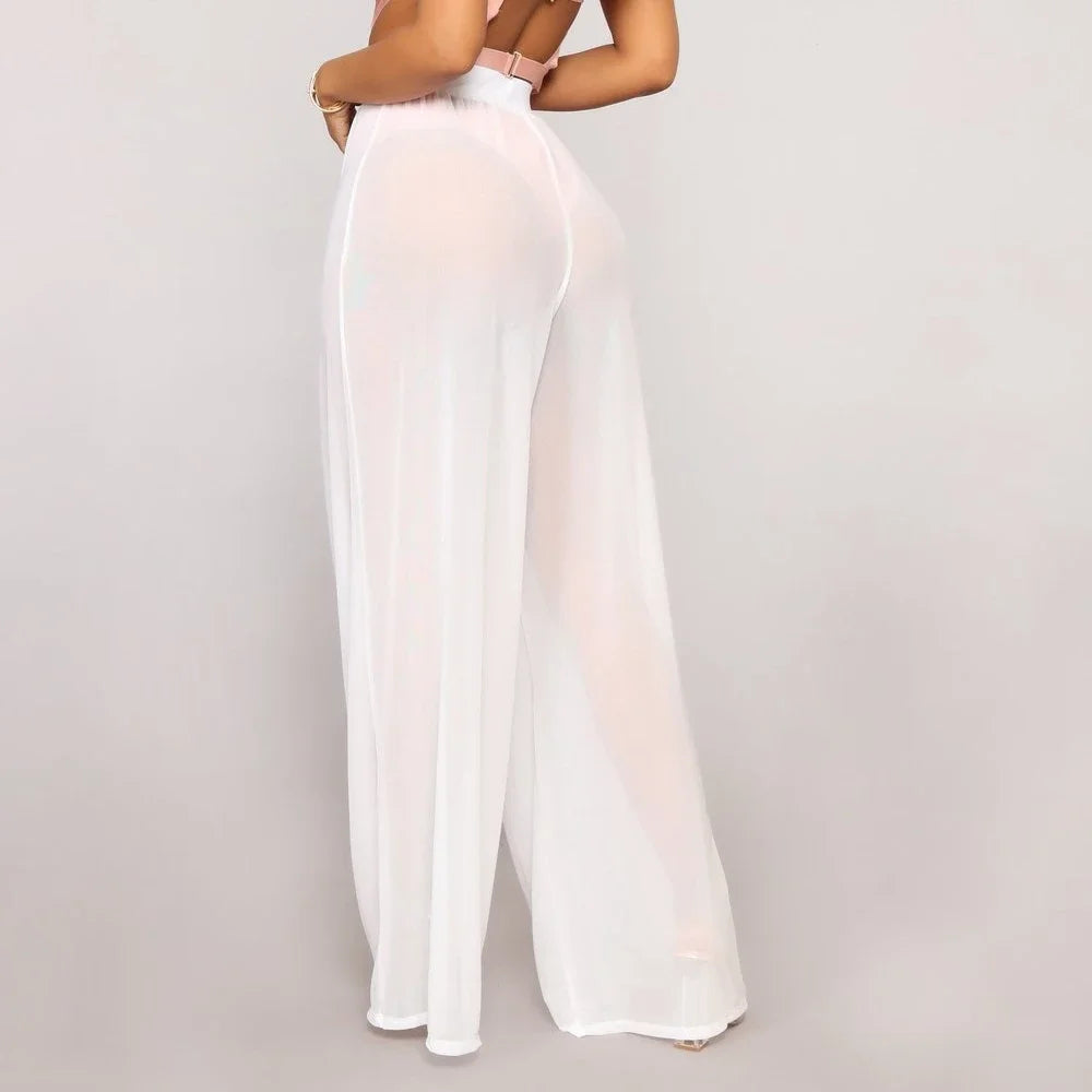 See Through Boho Wide Leg High Waist Trousers Beach Long Loose Mesh Sheer Pants