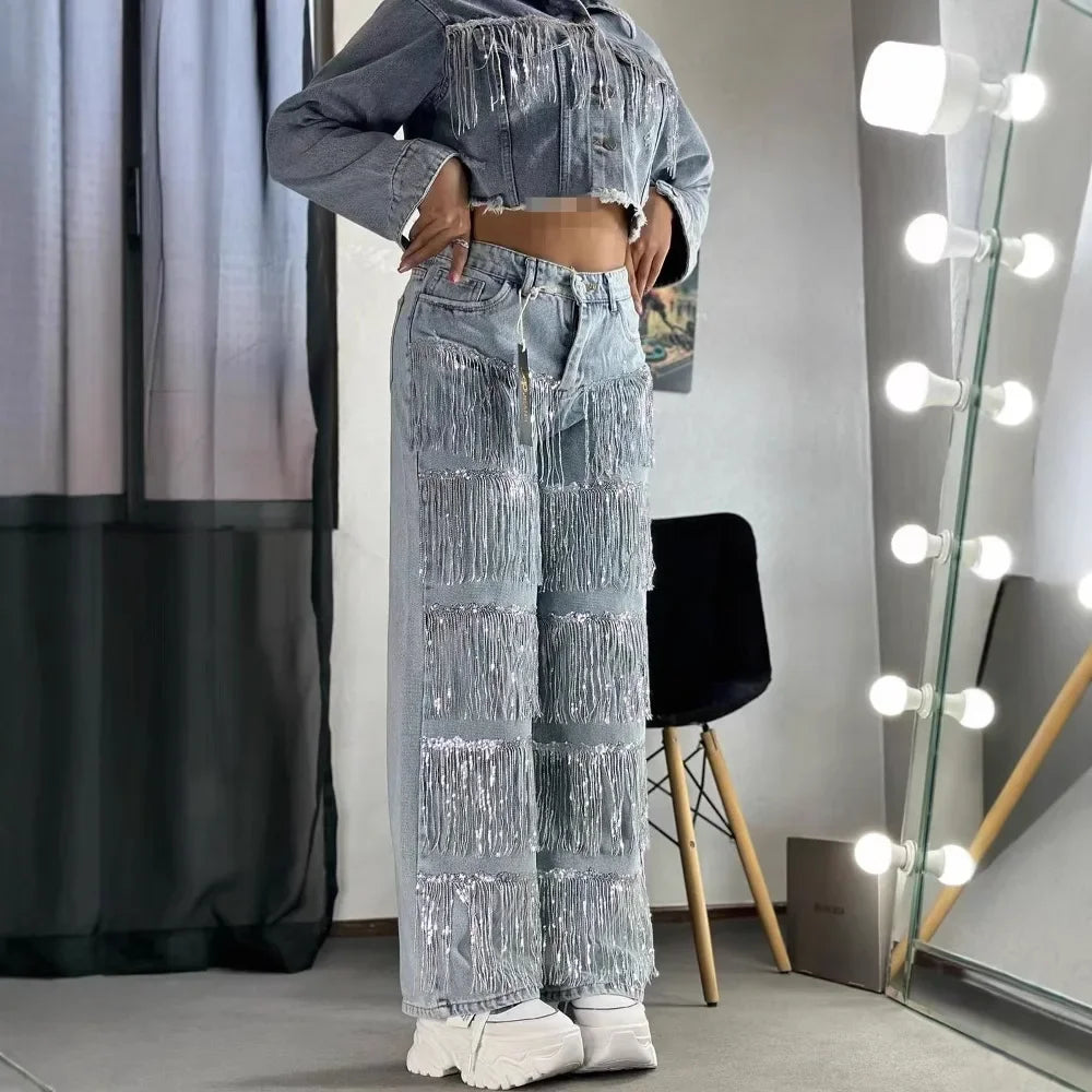 Qmansha Women's Jeans Casual Fashion Street Sequins Fringe Design Straight Jeans High Waisted Blue Jeans for Women Pants