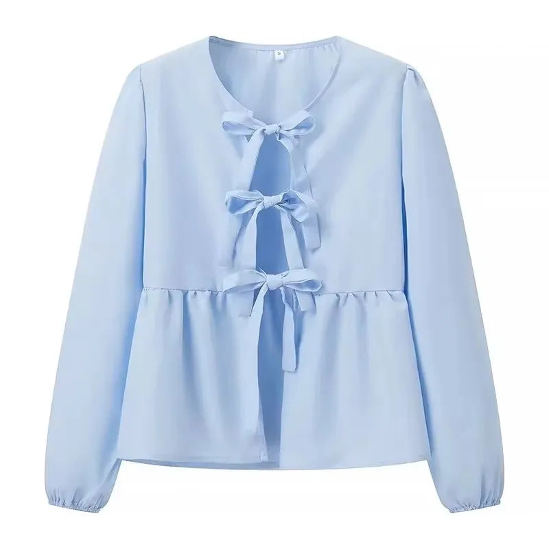 HH Shirts For Women Elegant Front Bow Tie Solid Blouse Puff Sleeve Spring Summer Casual Beach Vacation Streetwear Party Top