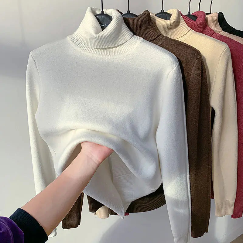 Women's Clothing Sweaters High Collar Knitted Top 2023 Autumn Winter plush thickened lining black long sleeved bottom Pullovers