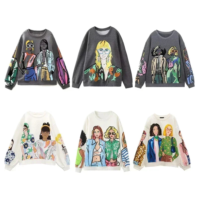 Women Sweatshirts 2023 New Fashion cotton Plush Girls Print Casual Sweatshirts Female O Neck Hoodies Chic Pullovers Tops
