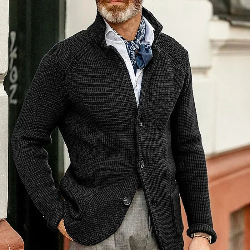 Men's Solid Casual Knitwear Sweater Thick Warm Stand Collar Cardigan Tops Elegant Knitted Coats Autumn Winter Male Sweaters