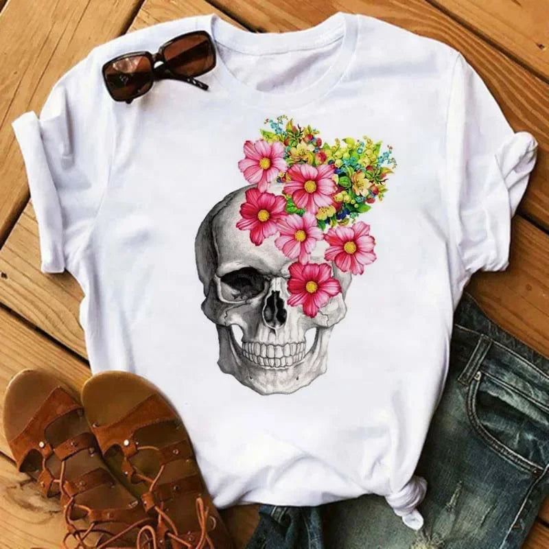 Fashion Leopard Skull Printed Women T-shirt Summer Loose Black Female T-shirt Casual Round Neck Harajuku Tops Woman Clothes