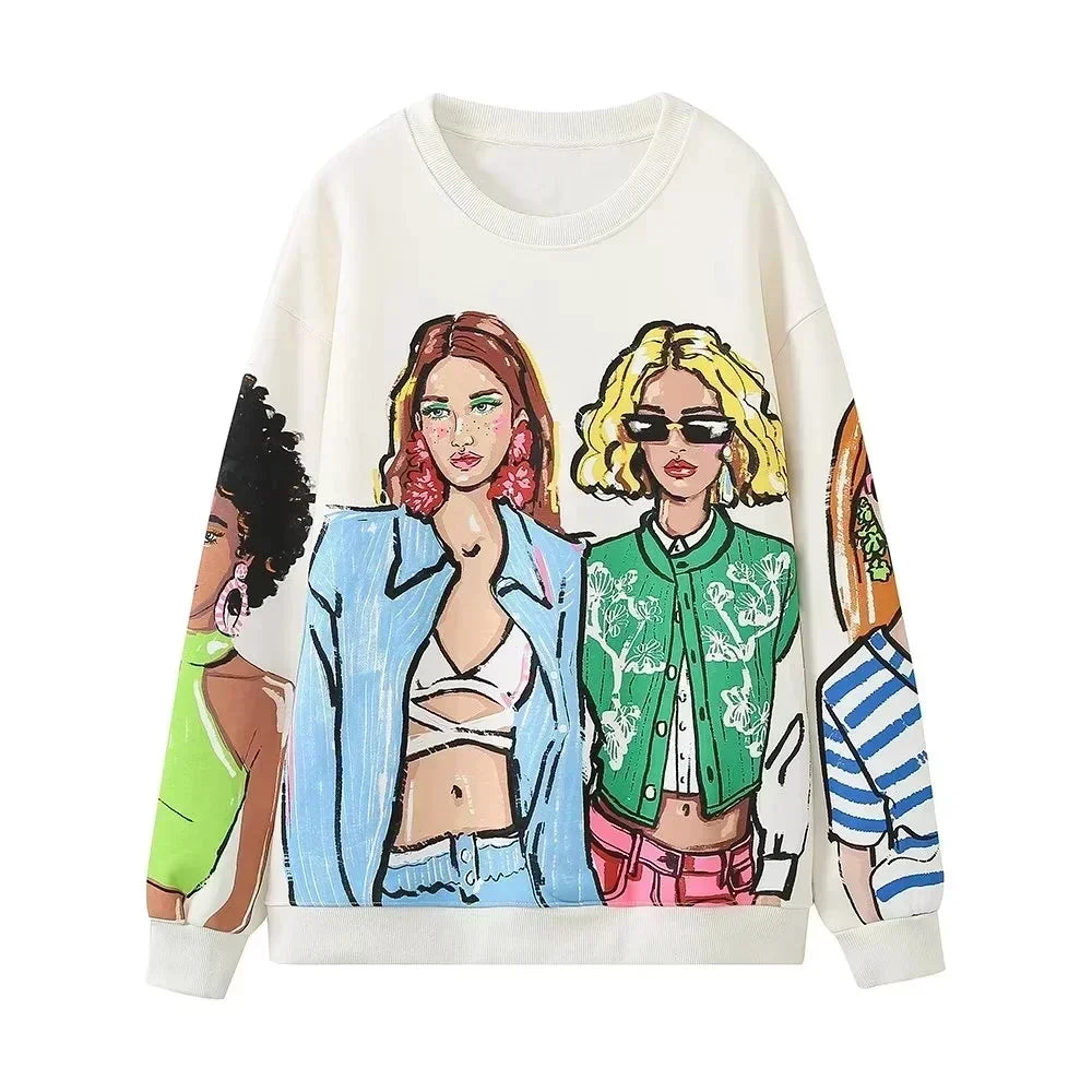 Women Sweatshirts 2023 New Fashion cotton Plush Girls Print Casual Sweatshirts Female O Neck Hoodies Chic Pullovers Tops