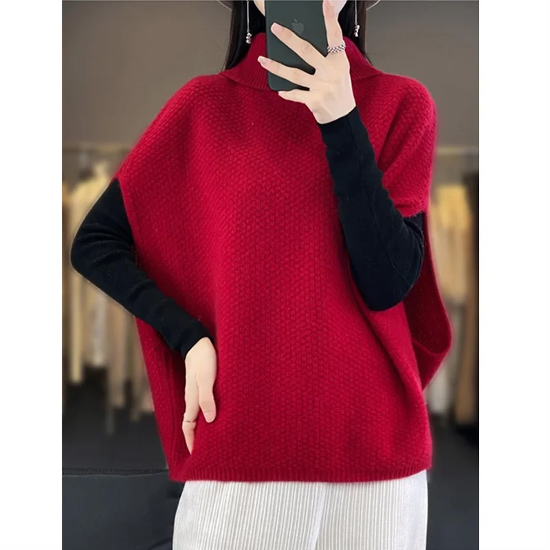 Women Batwing Sleeve Sweaters Knitting Vest Casual High Collar Elegant Solid Sweaters Loose-fit Sleeveless Waistcoat Pullover