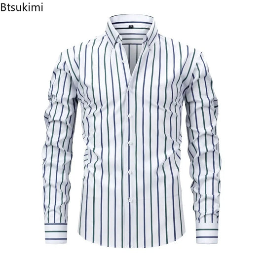 New Men's Dress Shirts Long Sleeve Striped Business Office Formal Shirts High Quality Social Casual Slim Shirts Streetwear Homme