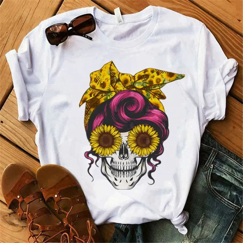Fashion Leopard Skull Printed Women T-shirt Summer Loose Black Female T-shirt Casual Round Neck Harajuku Tops Woman Clothes