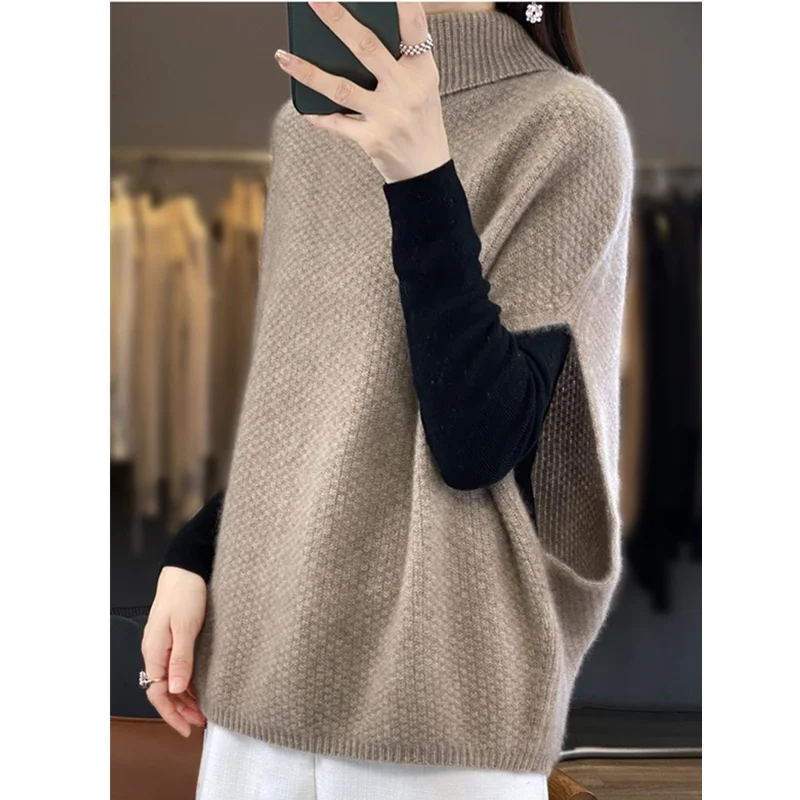 Women Batwing Sleeve Sweaters Knitting Vest Casual High Collar Elegant Solid Sweaters Loose-fit Sleeveless Waistcoat Pullover
