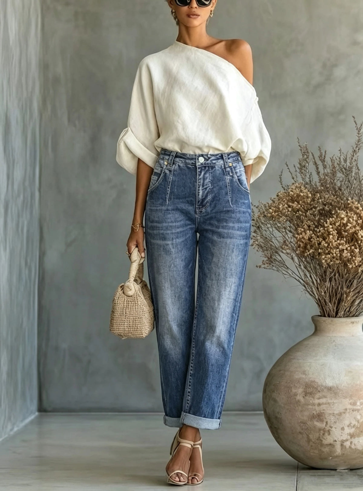 Women's Blue High-Waisted Jeans, Relaxed-Fit Slimming Straight-Leg Cropped Jeans with Rolled Hems