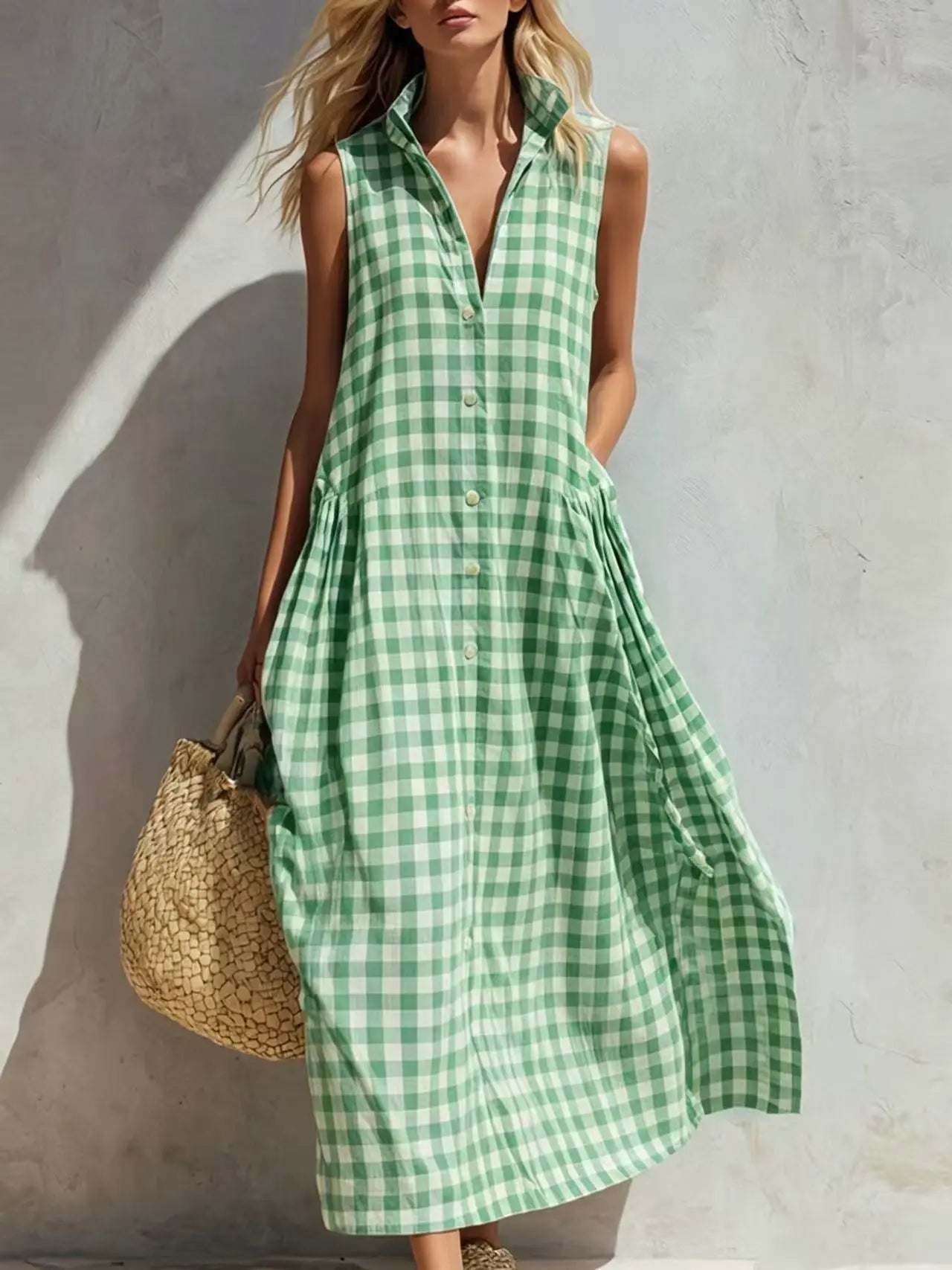 Plaid Sleeveless Vichy Single-breasted Fashion Resort Style Seaside Loose Long Skirt Dresses Ropa Mujer Roupas Feminina
