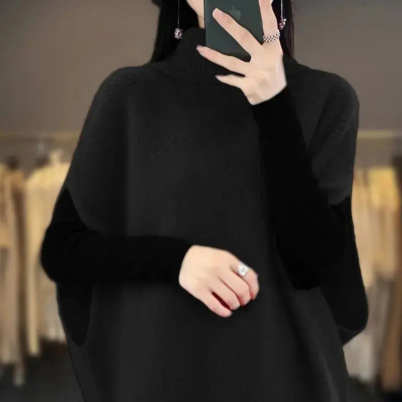 Women Batwing Sleeve Sweaters Knitting Vest Casual High Collar Elegant Solid Sweaters Loose-fit Sleeveless Waistcoat Pullover