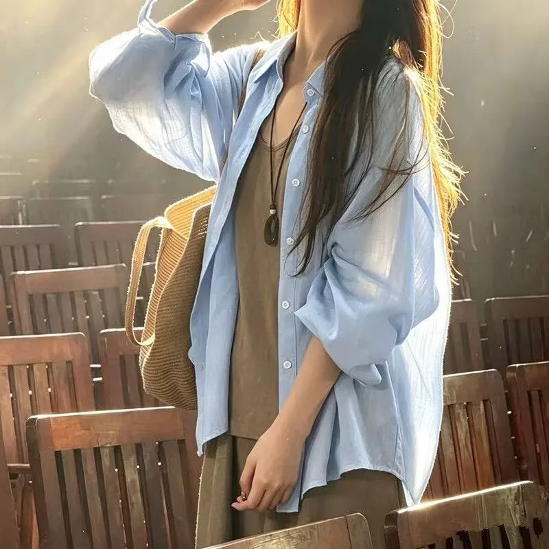 Womens Shirts Long sleeve Loose Thin Blouse 10 colors
