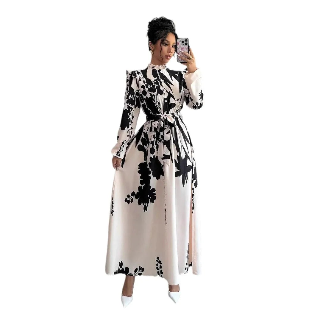 Dresses For Women Black And White Flowers Print Long Sleeve Ruffled Collar Elegant Dress Lace Up A-Line Dress 2026 Spring New