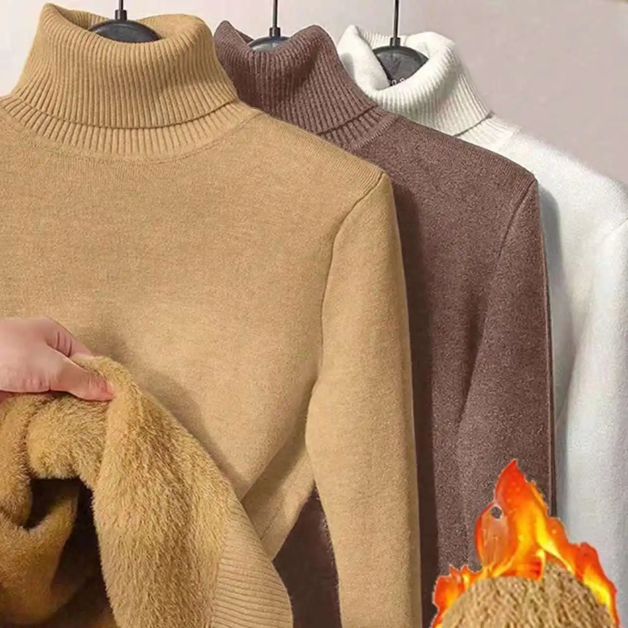 Women's Clothing Sweaters High Collar Knitted Top 2023 Autumn Winter plush thickened lining black long sleeved bottom Pullovers