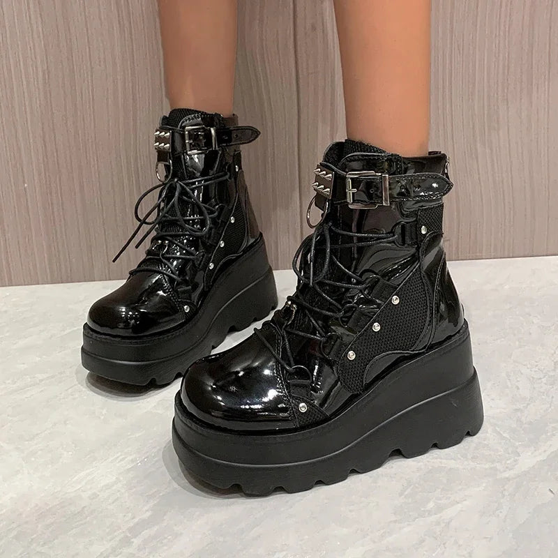 2025 New Design Punk Gothic Motorcycle Platform Boots (Chunky High Heel Ankle Boots Cool Wedge Black for Women)