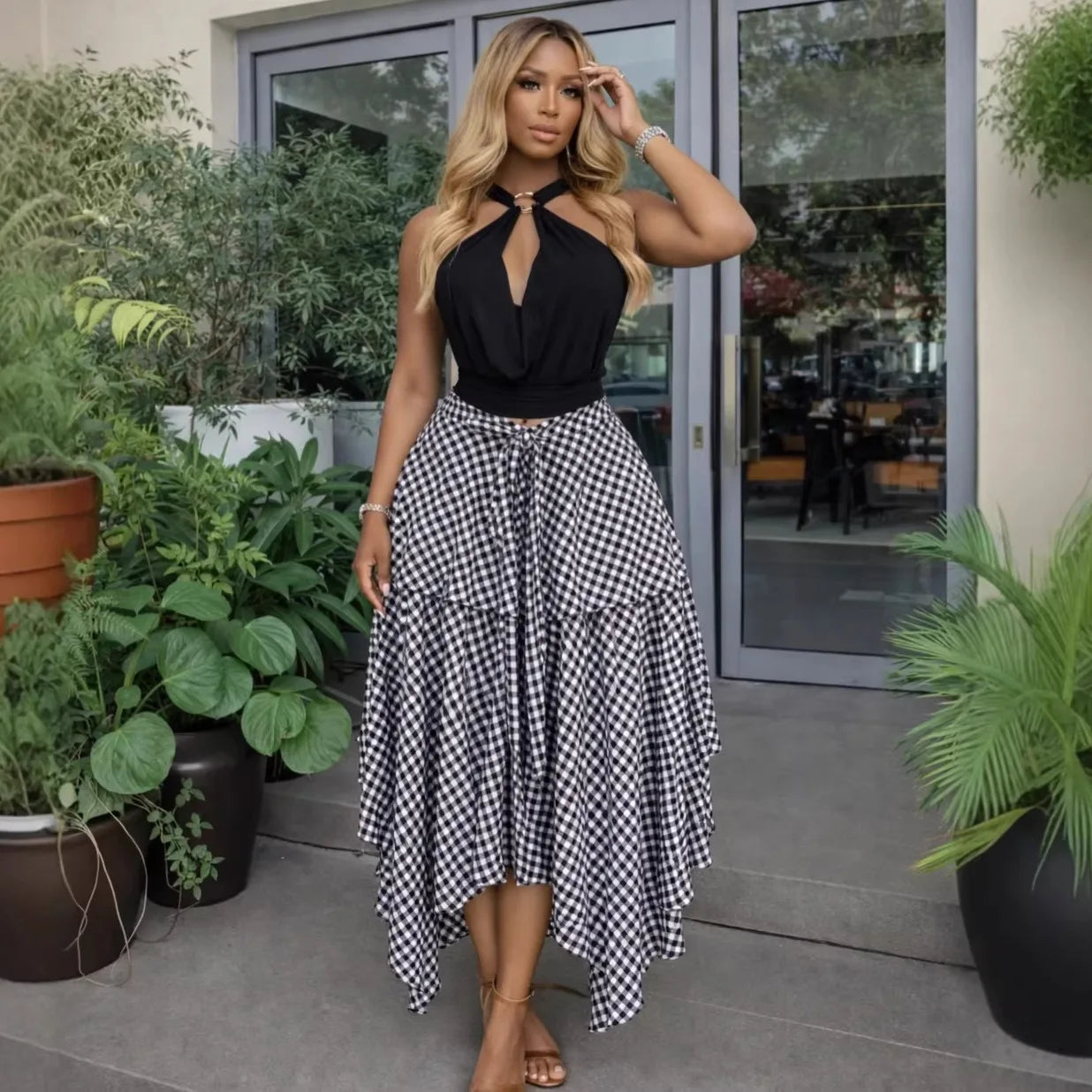 Skirts Women Mid Length Skirt A Line High Waist Slim Fit Plaid Print Casual Elegant Splice Y2k Streetwear Work 2026 Summer