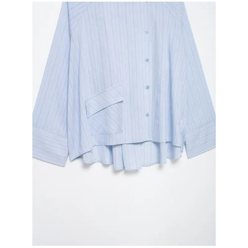 Women's Striped Shirt with Pocket New Spring Long Cuffed Sleeve O Neck Simple Women Shirt & Blouses Asymmetric Hem Female Tops