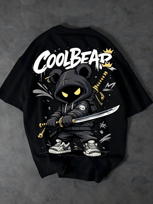 European and American Men's Summer Cartoon Warrior Letter Print Comfortable and Breathable Round Neck T-Shirt Outdoor Street Top
