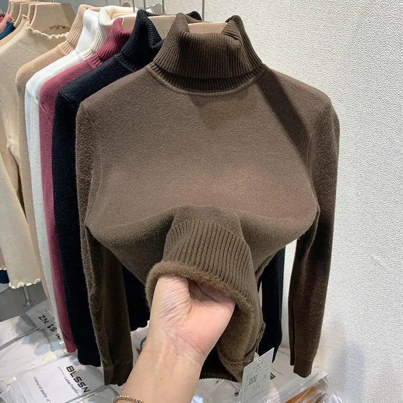 Women's Clothing Sweaters High Collar Knitted Top 2023 Autumn Winter plush thickened lining black long sleeved bottom Pullovers