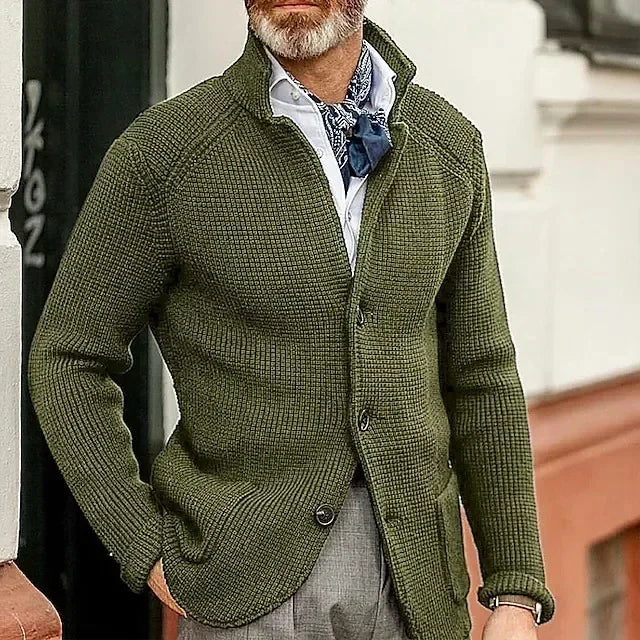 Men's Solid Casual Knitwear Sweater Thick Warm Stand Collar Cardigan Tops Elegant Knitted Coats Autumn Winter Male Sweaters