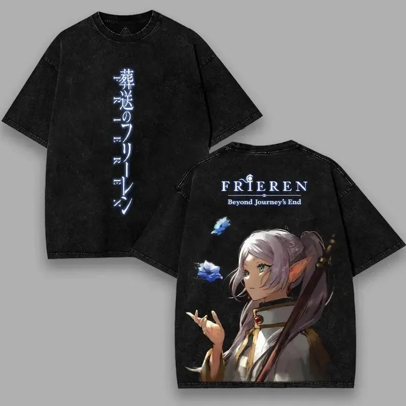 Harajuku Anime Frieren Beyond Journey's End T-shirt Unisex Clothing Washed Oversized T Shirt Short Sleeve Cotton Tees Tops