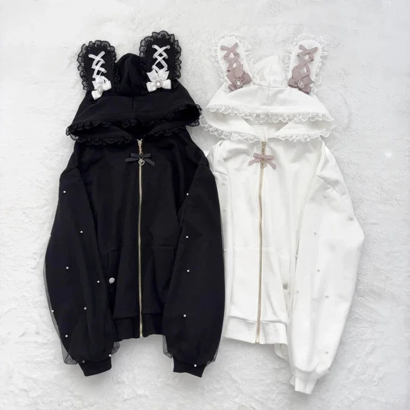Japanese Kawaii Bunny Ear Hoodie Sweet Lace Rabbit's Ears Lolita Style Zipper Jackets Harajuku Kawaii Lace Bow Zipper Coat