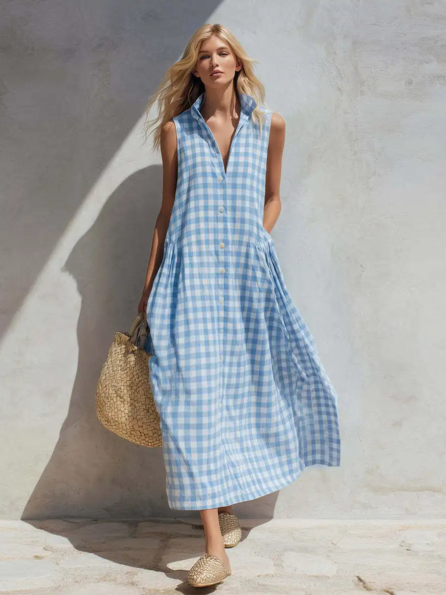Plaid Sleeveless Vichy Single-breasted Fashion Resort Style Seaside Loose Long Skirt Dresses Ropa Mujer Roupas Feminina