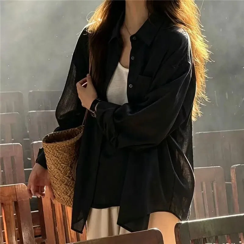 Womens Shirts Long sleeve Loose Thin Blouse 10 colors