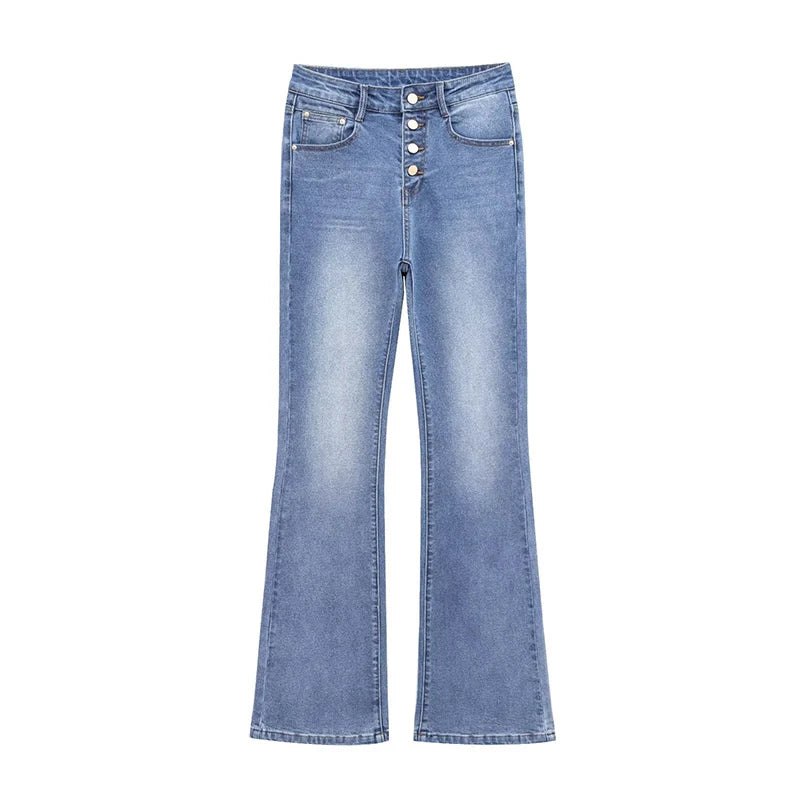 XPQBB Women's Jeans Basic All-Match Slimming Denim Pants Fashion Metal Button High Waist Flared Pant High End Sense Casual Trousers