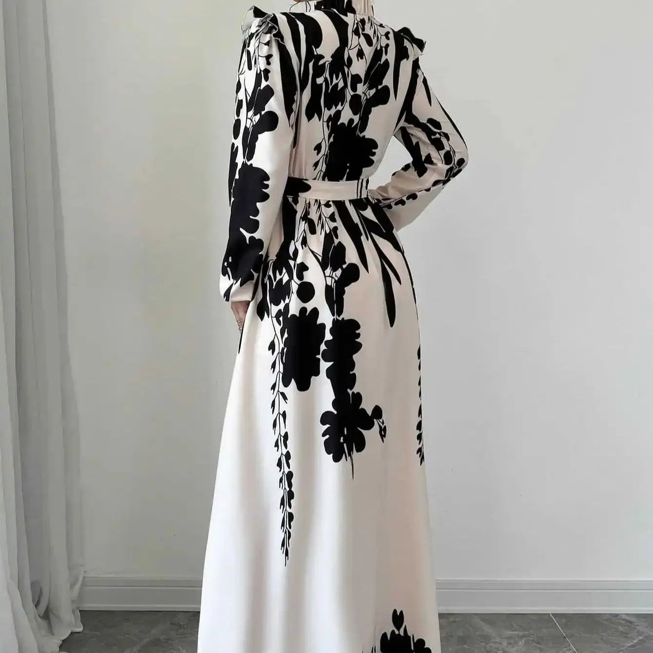 Dresses For Women Black And White Flowers Print Long Sleeve Ruffled Collar Elegant Dress Lace Up A-Line Dress 2026 Spring New