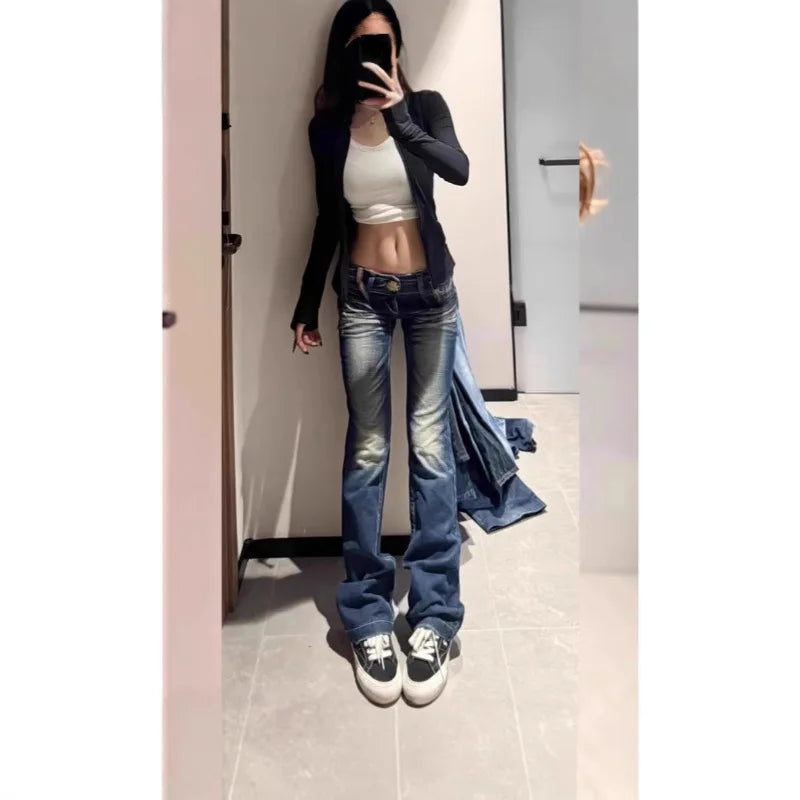 Low Waist American Minimalist Design Embroidered Wings Women's Jeans Versatile Micro Flared Pants Straight Leg Long Trousers