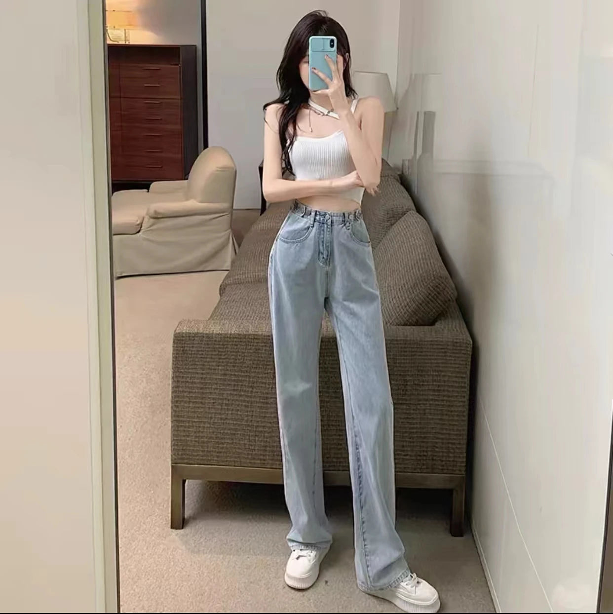 Trendy Ripped Straight Leg Jeans Women's Spring Summer High Waist Loose Wide Leg Pants Slimming Design Casual Denim Jeans