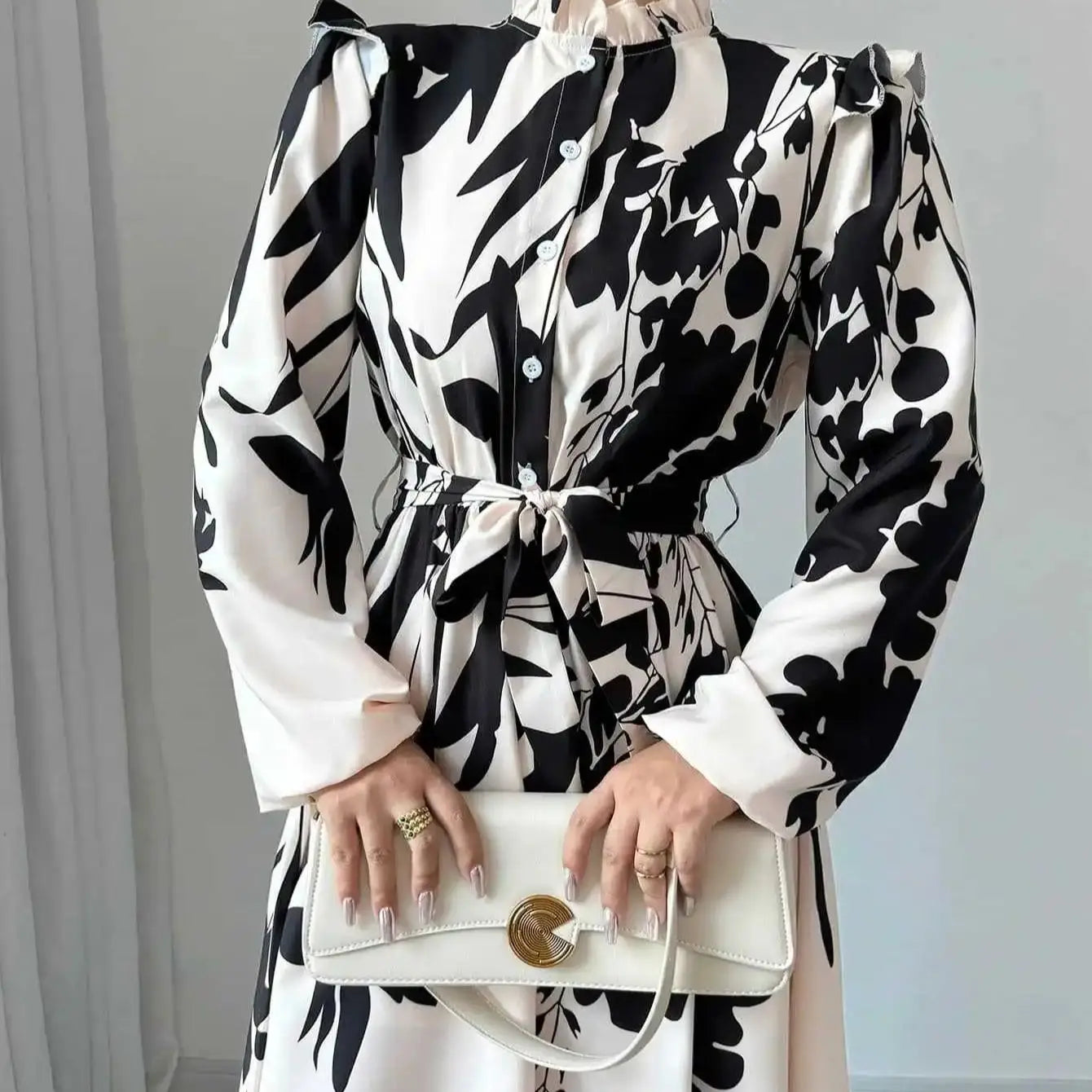 Dresses For Women Black And White Flowers Print Long Sleeve Ruffled Collar Elegant Dress Lace Up A-Line Dress 2026 Spring New