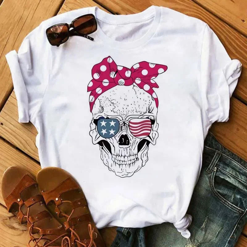 Fashion Leopard Skull Printed Women T-shirt Summer Loose Black Female T-shirt Casual Round Neck Harajuku Tops Woman Clothes