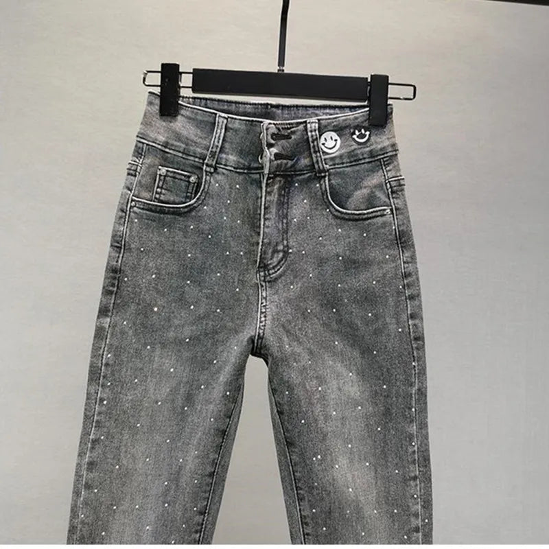 VWBQNZ Women's Jeans 2025 Summer New Elastic Slim Heavy Industry Hot Diamond Small Foot Pencil Pants Female Casual Denim Trousers