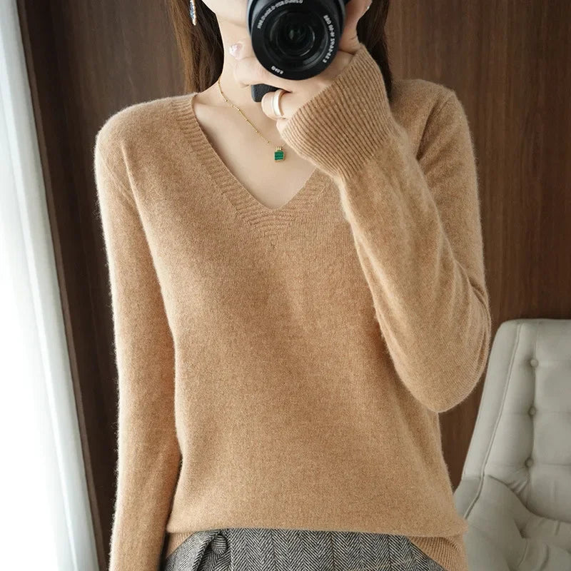 Women's Sweater 2025 Autumn Winter Knitted Pullovers V-neck Slim Fit Bottoming Shirt Solid Soft Knitwear Jumpers Basic Sweaters