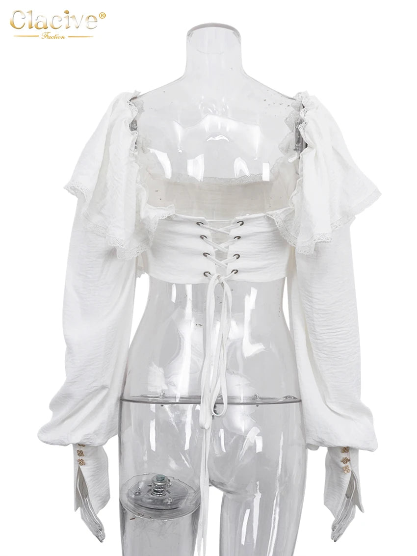 Clacive Sexy Slim White Women's Top 2025 Fashion Square Collar Long Sleeve Crop Top Elegant Classic Solid Tops Female Clothing