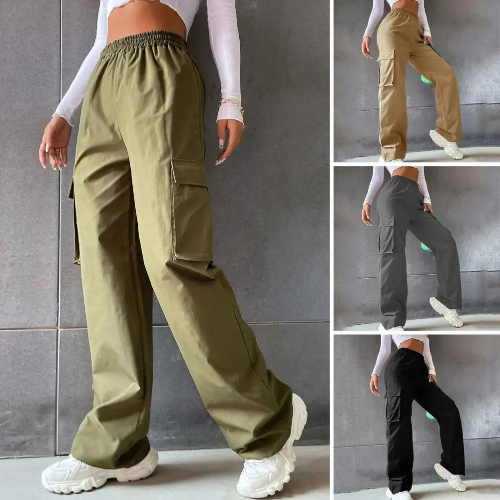 SANWOOD Women Cargo Pants Stylish Women's Cargo Pants Trendy Wide Leg Trousers with Elastic Waist Pockets Casual Korean for Spring
