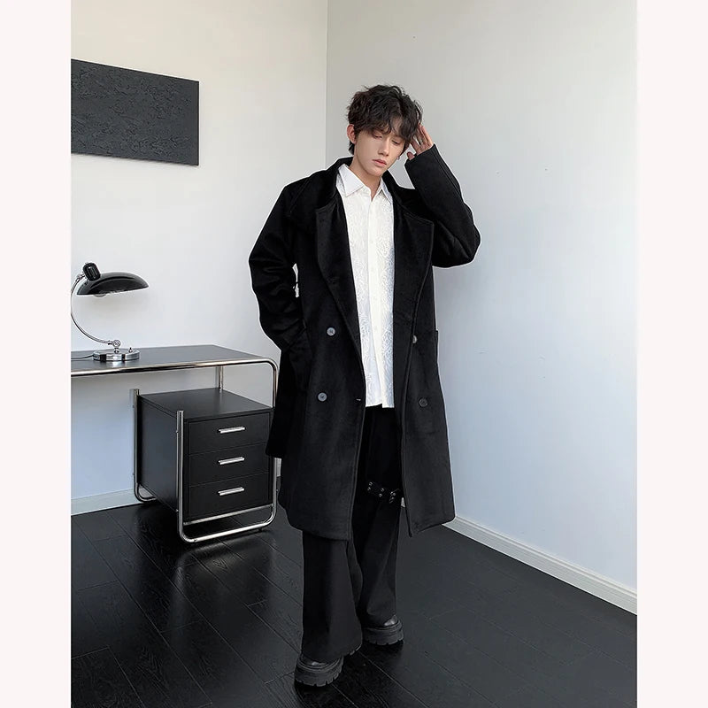 ZEESHANT Men's Double-Breasted Wool Blend Overcoat with Belt Loose Fit Solid Color Stand Collar Mid-Length Trench Coat for Autumn Winter