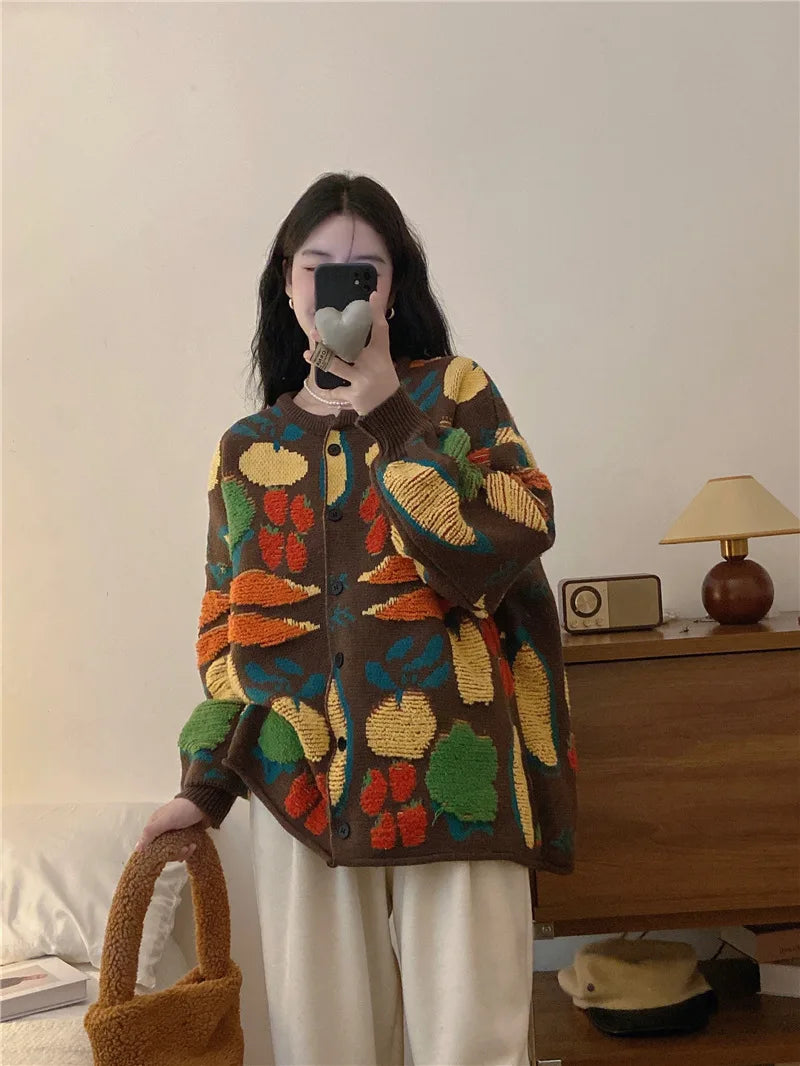 Women Sweaters Cardigan Print Floral Coats Full Sleeve Knitted Loose Jumpers Coat Top Regular Splice Single Breasted Outerwear