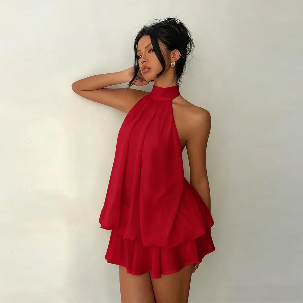 New Halter Tie Party Dress Backless Chiffon Going Out Dresses Sleeveless Ruffle Brunch Outfit