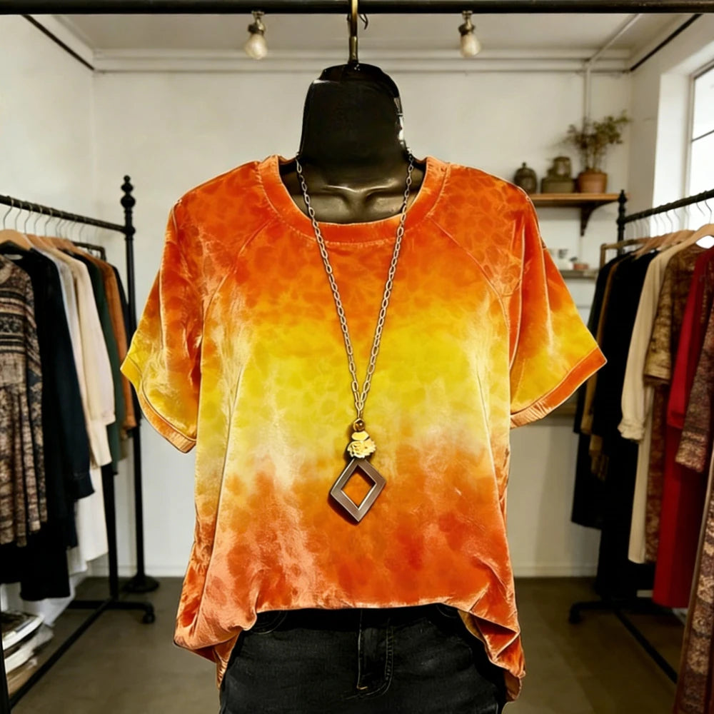 Women Fashion T-Shirts Soft Feel Short Sleeve Tops Trendy Gradient Color Animal Print Blouse for Casual Streetwear Loose Fit