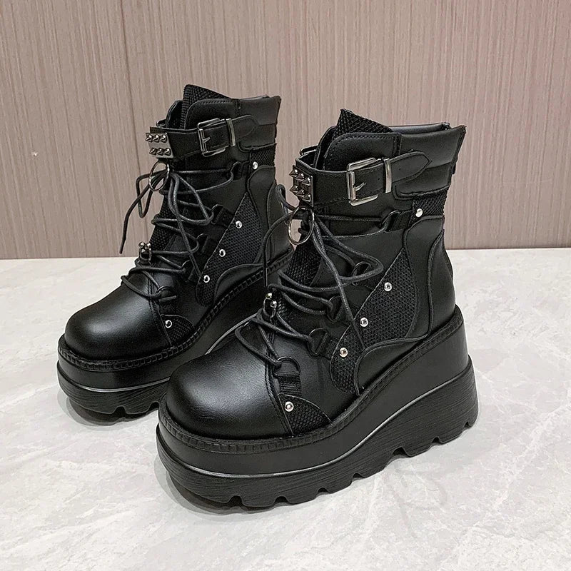 2025 New Design Punk Gothic Motorcycle Platform Boots (Chunky High Heel Ankle Boots Cool Wedge Black for Women)