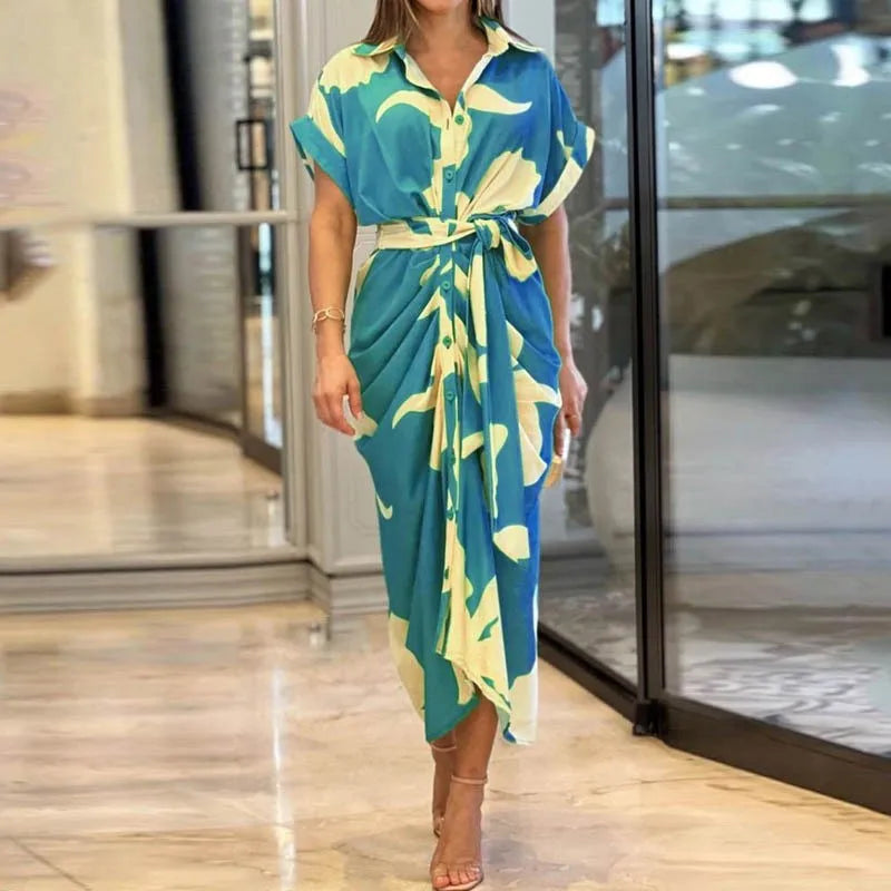 Elegant Dresses For Lady Vestidos 2026 Woman Dress Vestido Commuting Temperament Printed Irregular Leace-up Lapel Slim Contrast