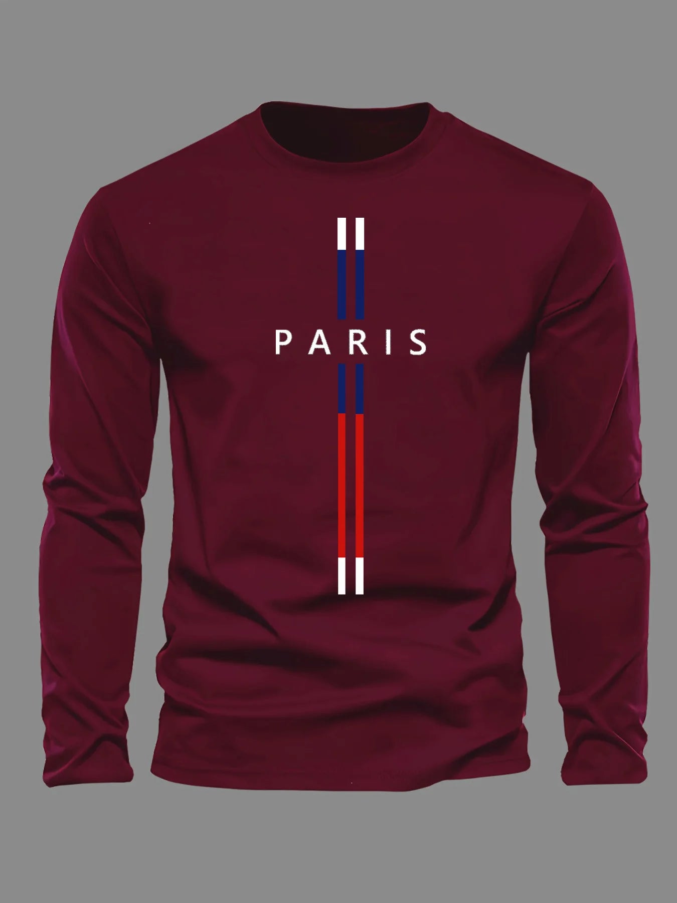 Paris Letter graphic print men's 100% pure cotton loose and comfortable sports and leisure round neck long sleeved T-shirt top